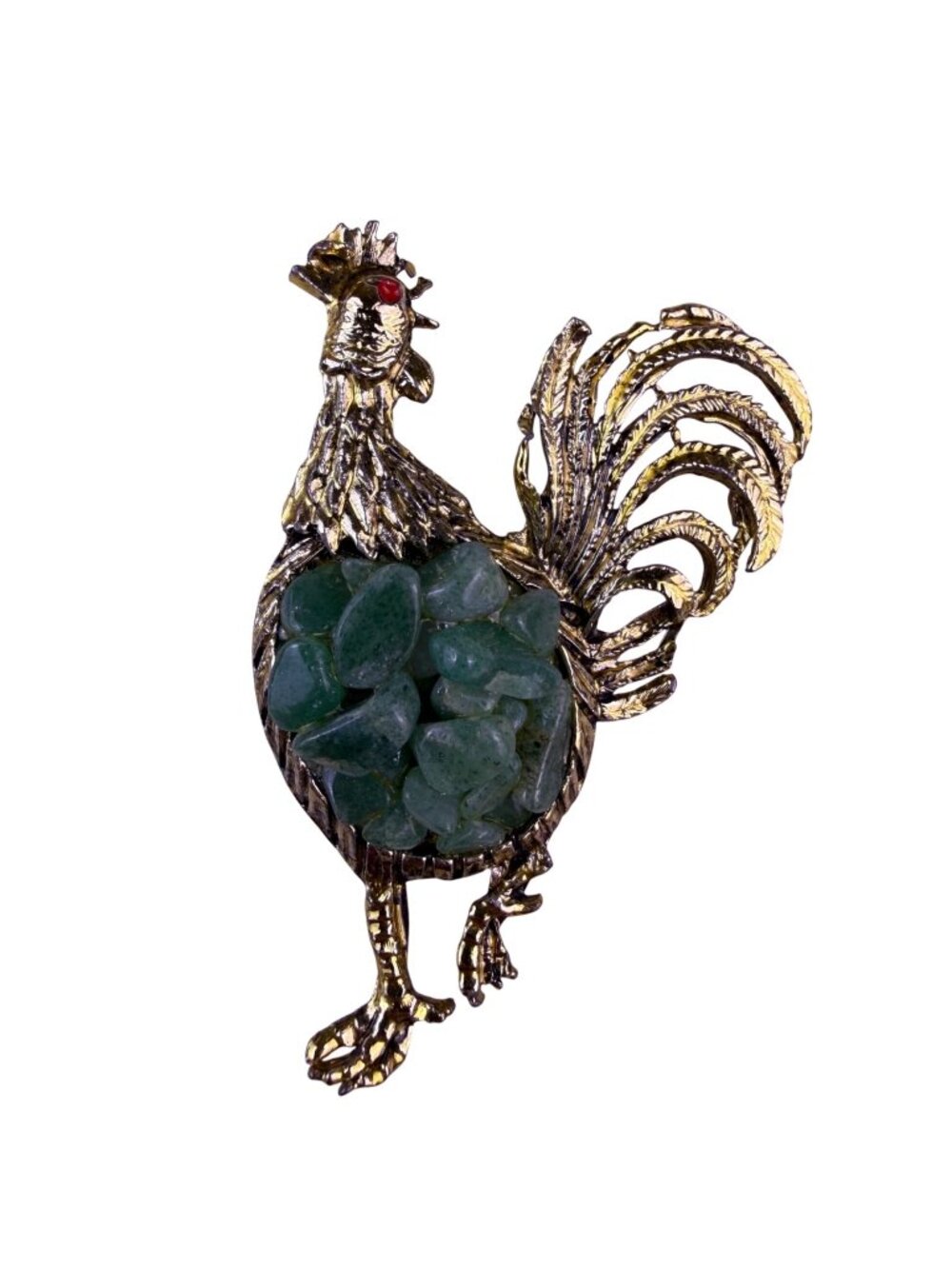 Vintage  Womens Gold Tone Metal Rooster Brooch With Green Jade Accents